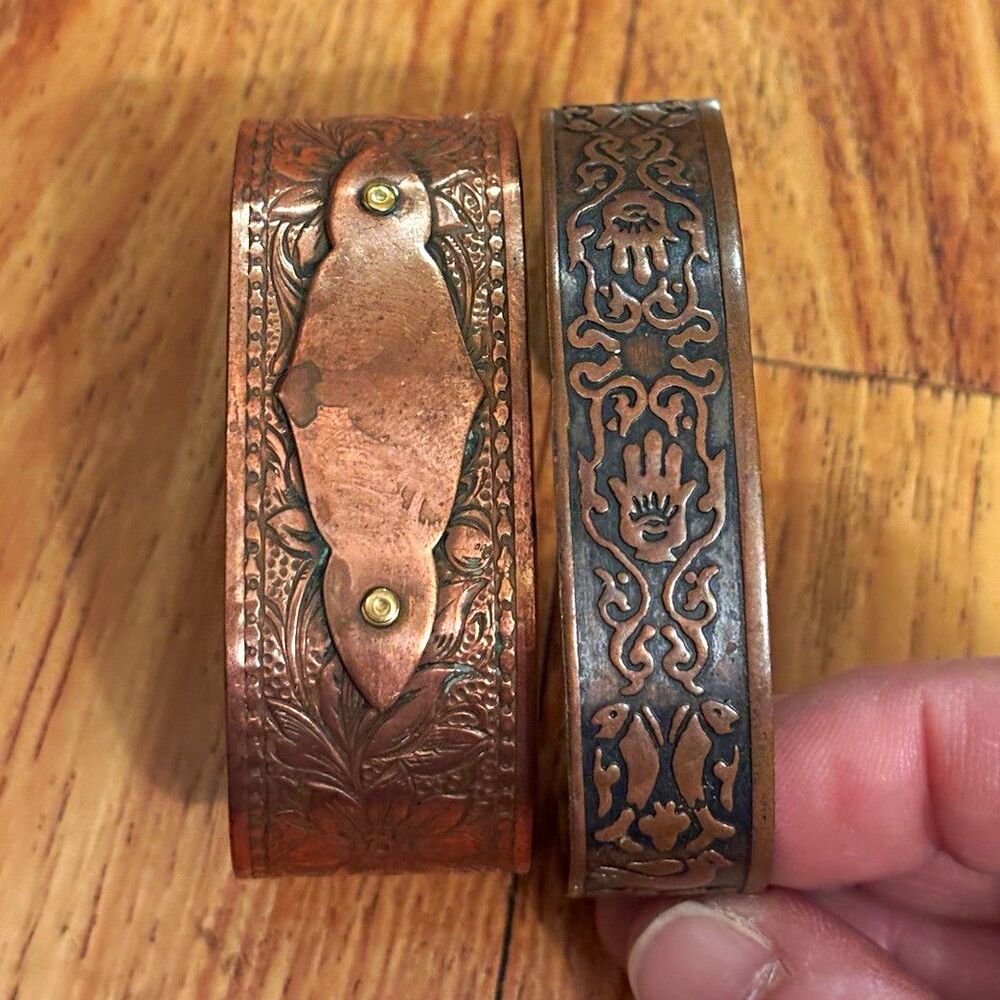 Boho Vintage Set of 2 Copper Cuff Bracelets Engraved Floral & Scroll Design
